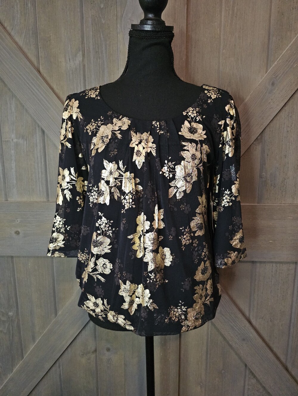Sara Michelle Women's Black Floral Print 3/4 Sleeve Blouse sz PS